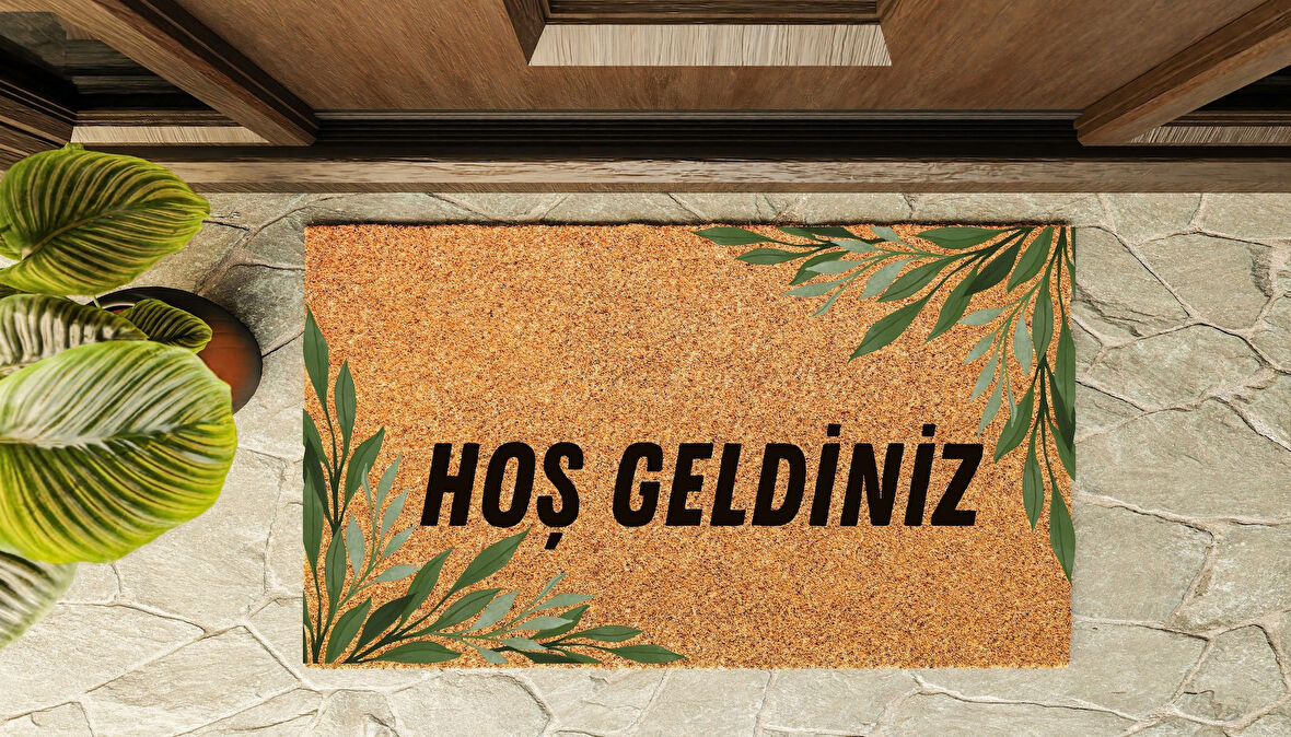 Kapı Önü Paspası Özel Tasarım Koko Model Yapraklar Hoşgeldiniz PK-1528