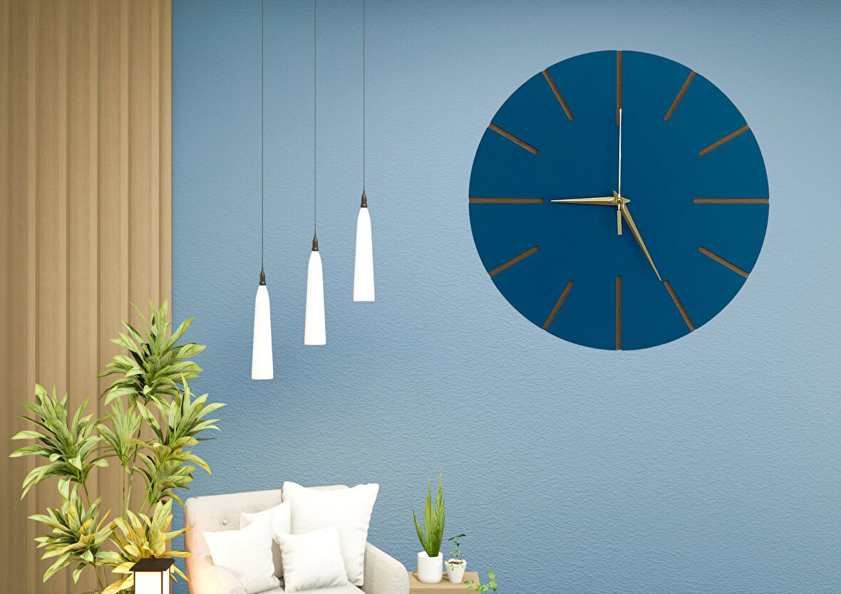 Ahşap Minimal Dekoratif Duvar Saati - 33x33 cm İndigo
