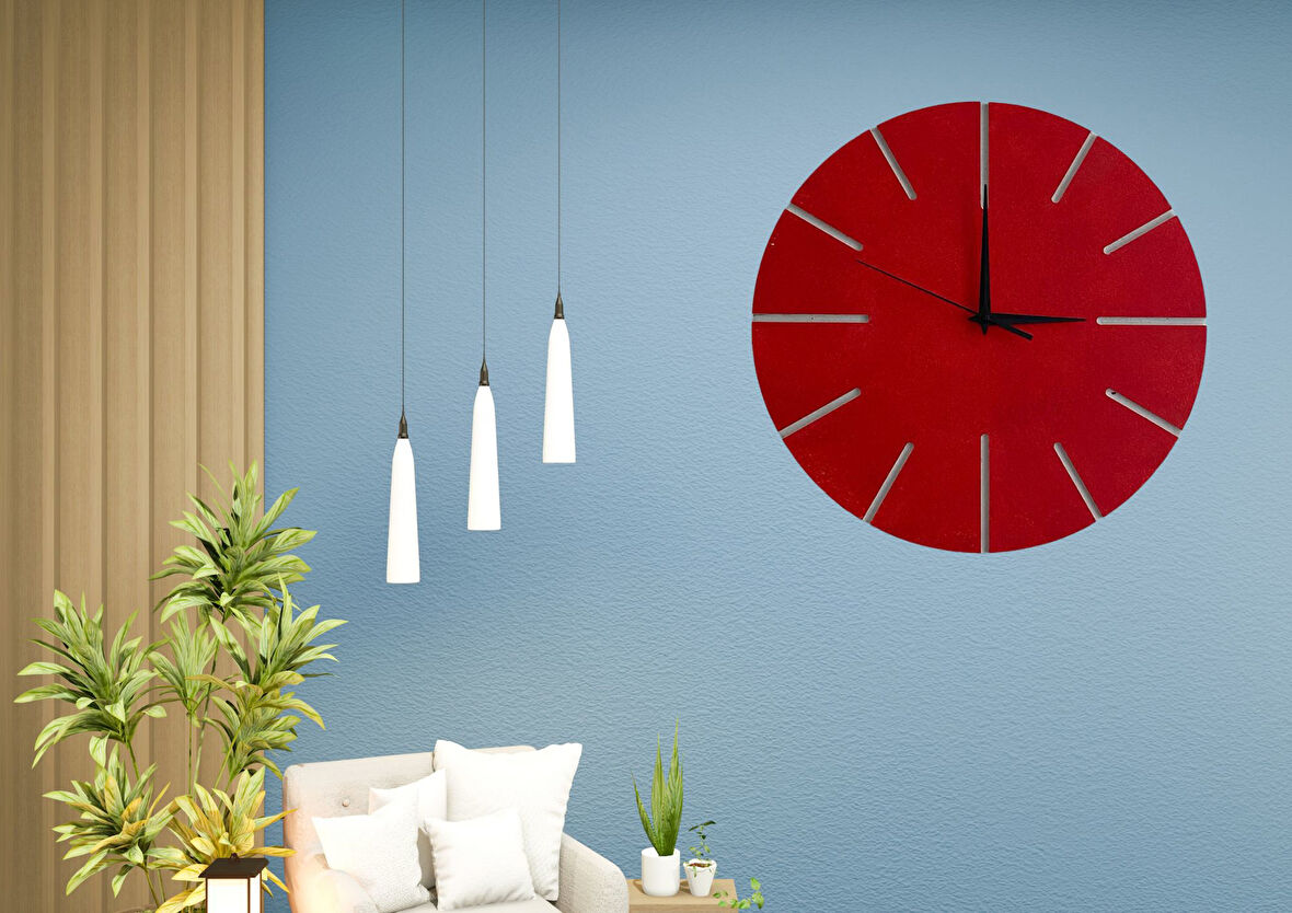 Ahşap Minimal Dekoratif Duvar Saati - 33x33 cm Kırmızı