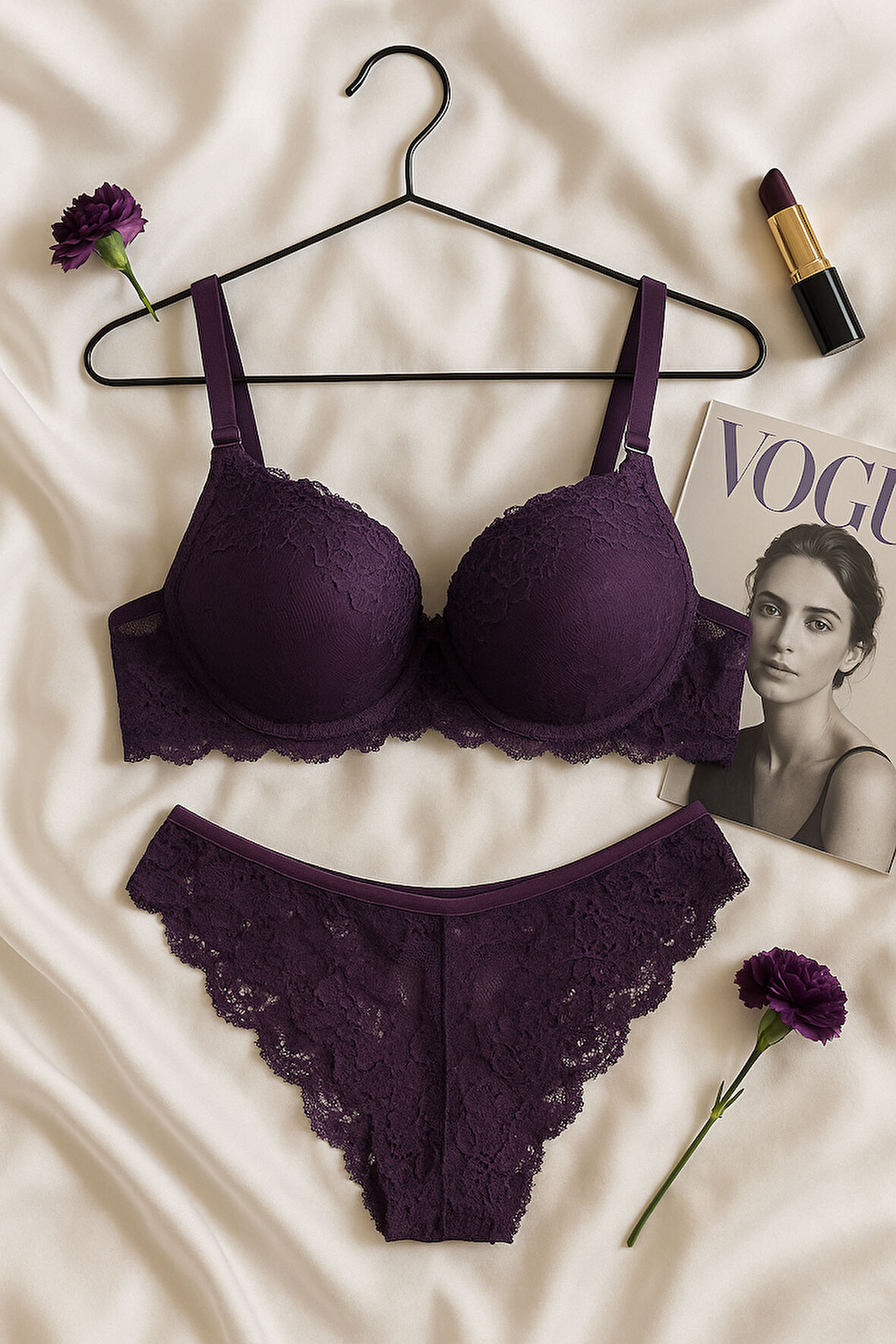 Mor Dantel Detaylı Push Up Sütyen Takımı