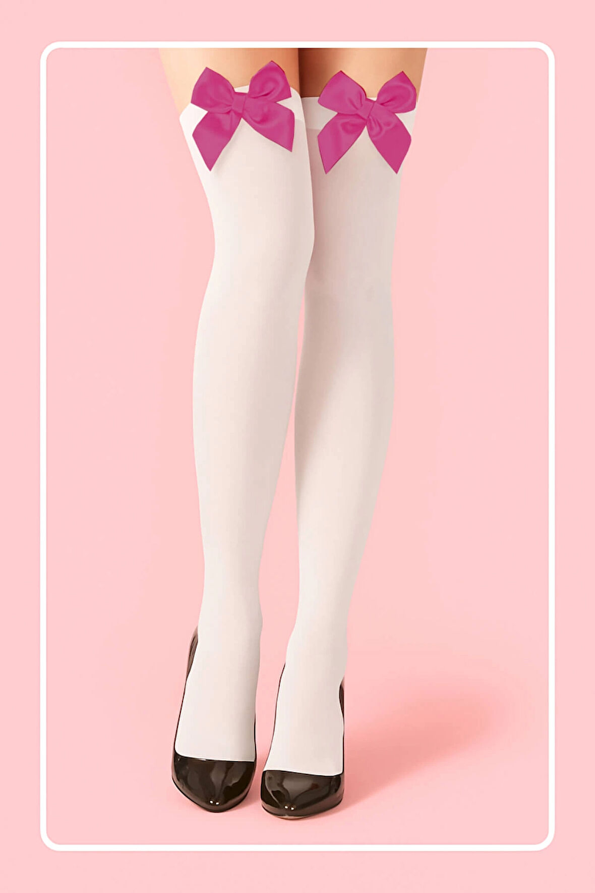 Fuşya Fiyonklu Beyaz Jartiyer Çorabı TM1379