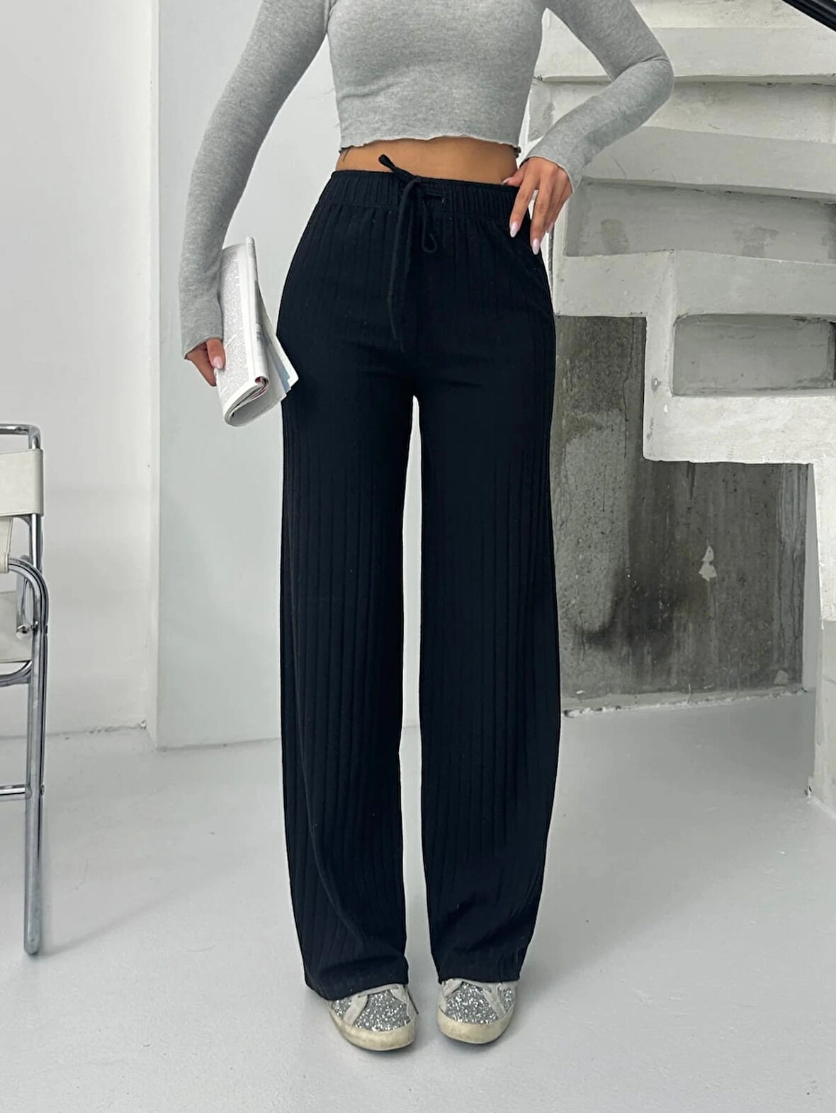 Fitilli şardonlu pantolon siyah a4058