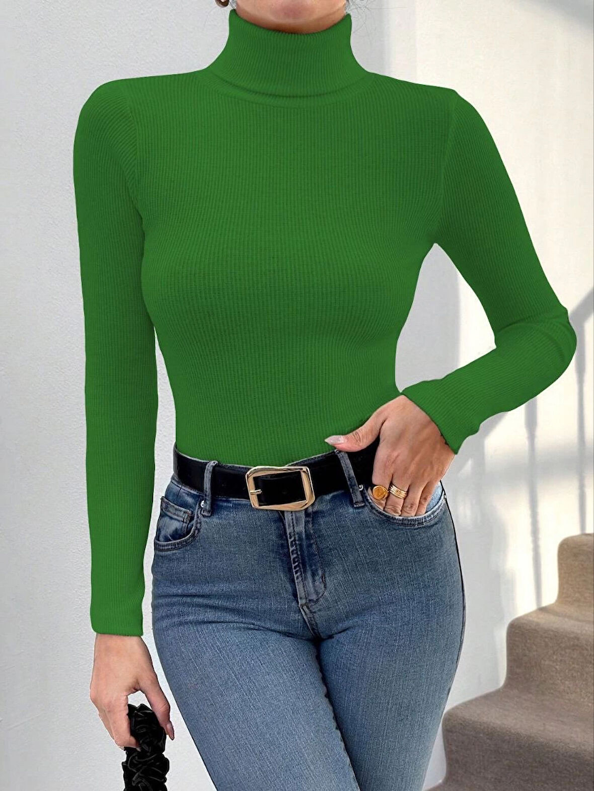 Balıkçı yaka dar kesim kaşkorse kazak yeşil w3103