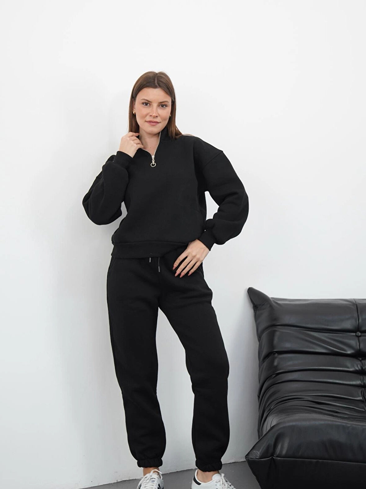 3 iplik içi Şardonlu yarım fermuarlı alt üst takım siyah