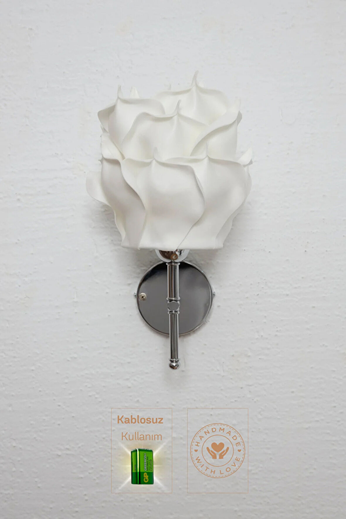 Dekor Eva Gül Üst Beyaz-alt Gümüş Kablosuz Pilli Ledli Duvar Aydınlatması Aplik