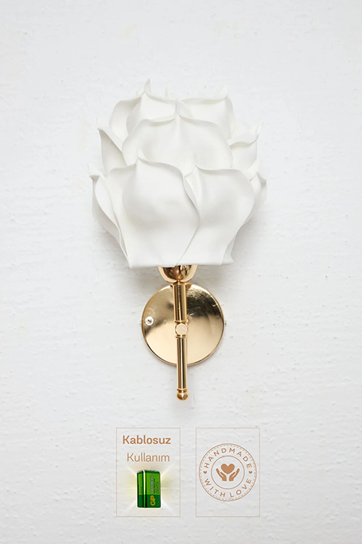 Dekor Eva Gül Üst Beyaz-metal Parlak Gold Kablosuz Pilli Ledli Duvar Aydınlatması Aplik