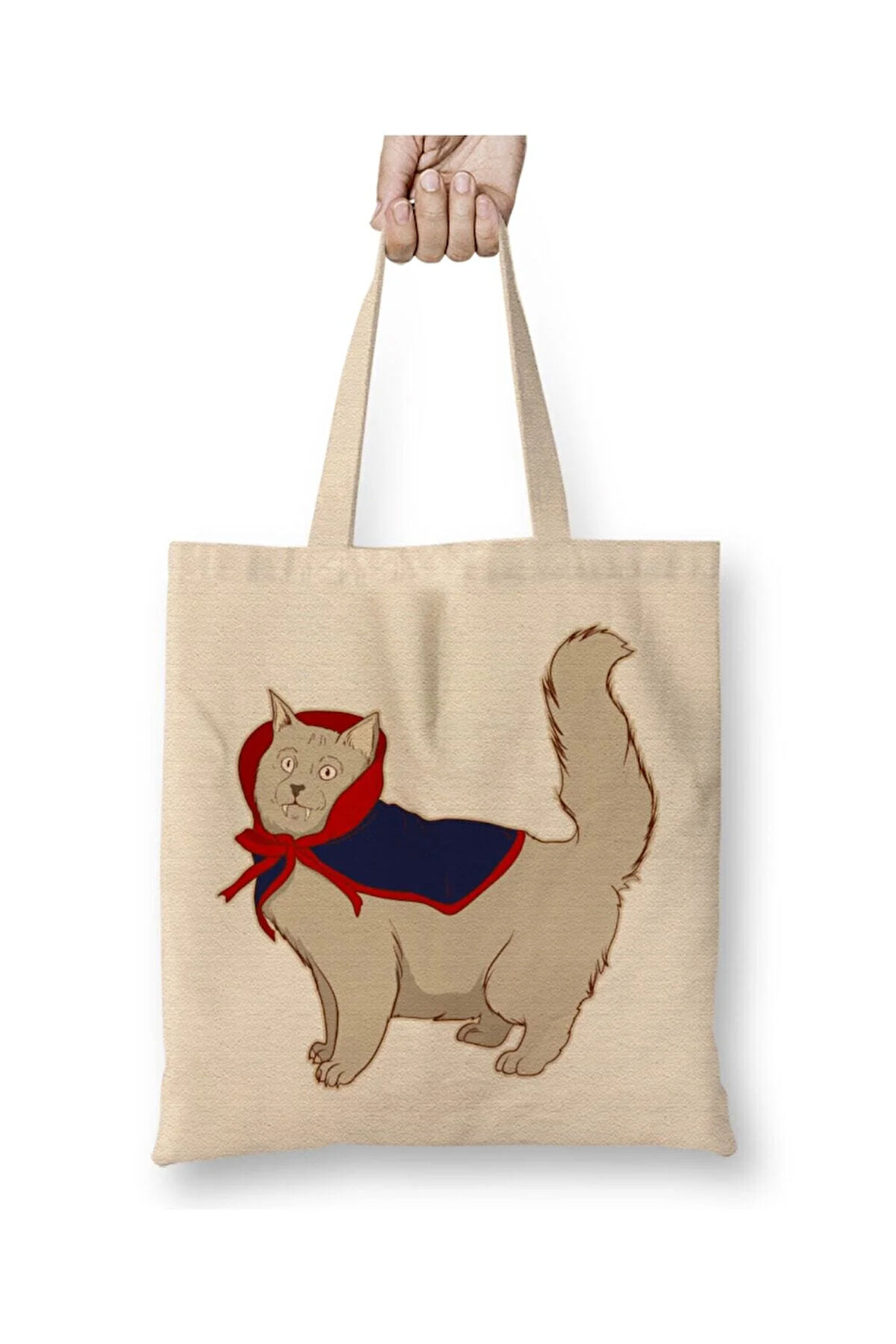 Cute Vampire Cat Kedi Halloween Funny Vampire Kitty Beyaz Bez Çanta Uzun Saplı Alışveriş Çantası