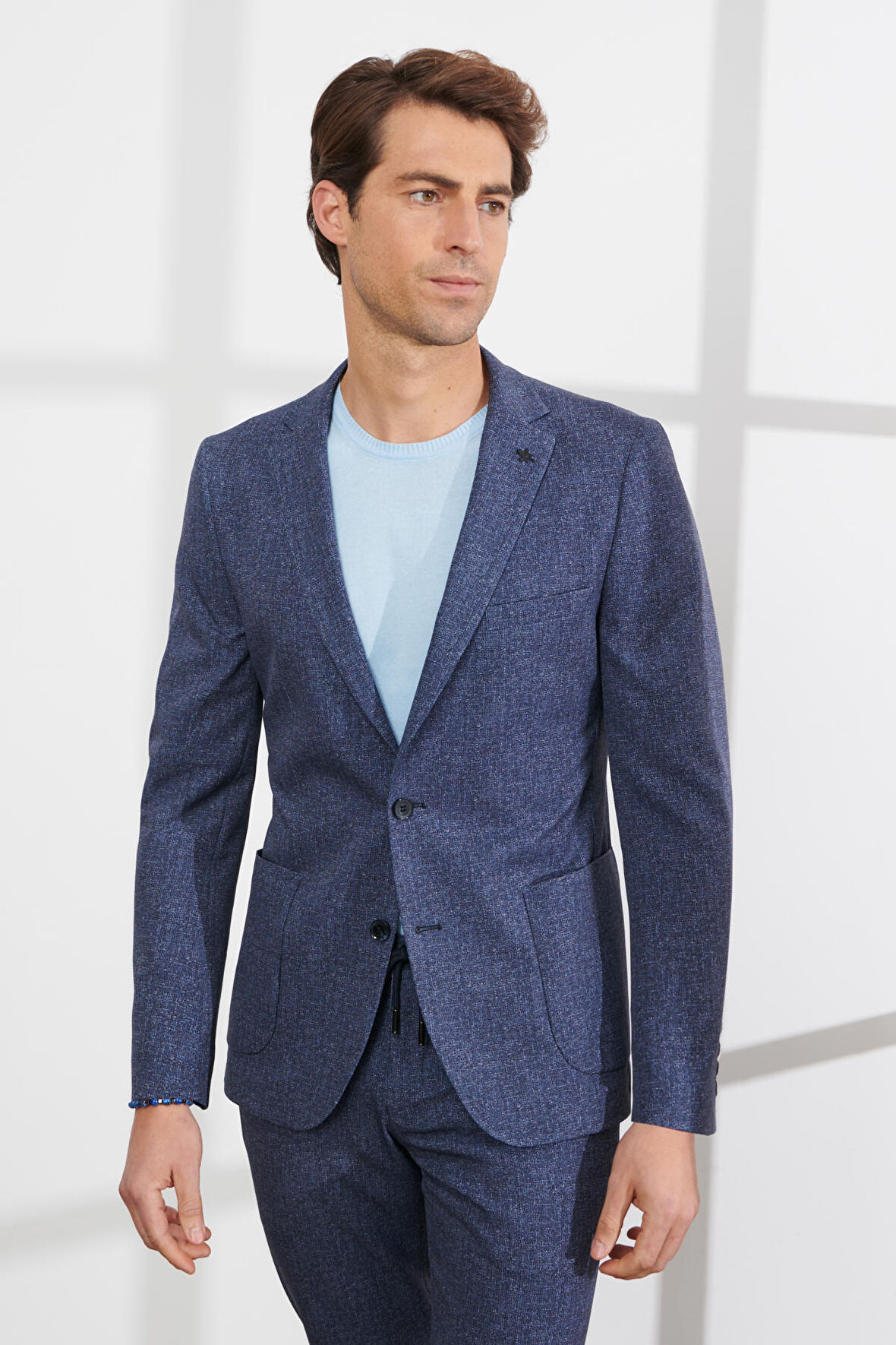 Erkek Lacivert-Beyaz Slim Fit Dar Kesim Mono Yaka Desenli Takım Elbise