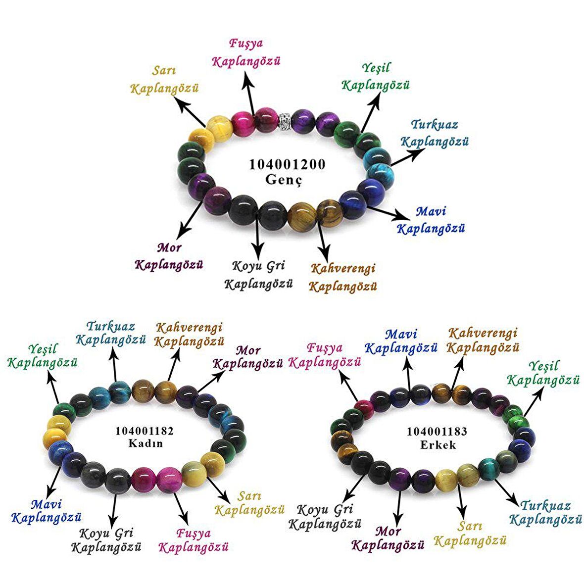 Küre Kesim Kaplangözü Doğaltaş Kombinli Kadın-Erkek-Genç Enerji Bilekliği(3'lü Set)