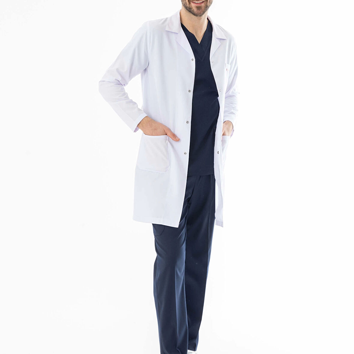 Spor Yaka Uzun Boy Erkek Doktor Önlüğü Alpaka Kumaş Beyaz (BEO102)