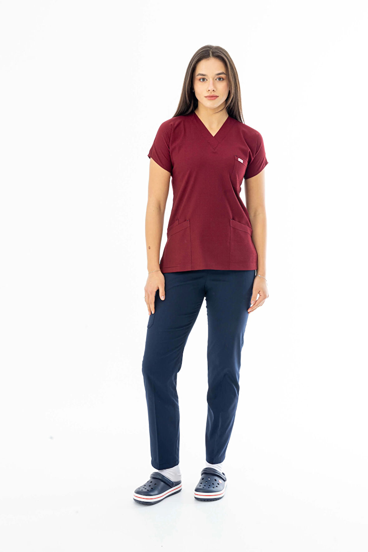 Gofre Likra Yarasa Kol Doktor Hemşire Tek Üst Forma Bordo (GFR3010)