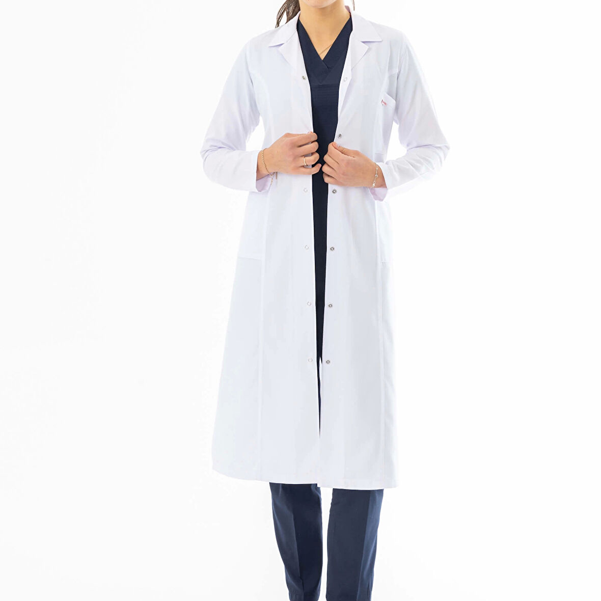 Spor Yaka Maxi Boy Kadın Doktor Önlüğü Alpaka Kumaş Beyaz (BKO008)