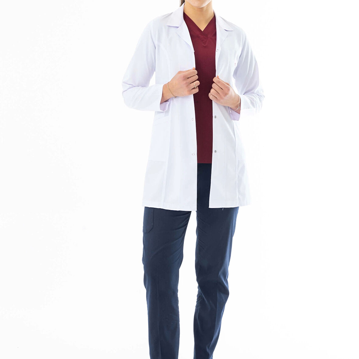 Spor Yaka Orta Boy Kadın Doktor Önlüğü Alpaka Kumaş Beyaz (BKO006)