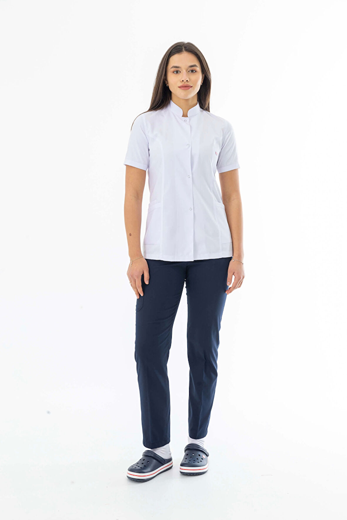 Hakim Yaka Kısa Kol Kadın Doktor Önlüğü Alpaka Kumaş Beyaz (BKO010)