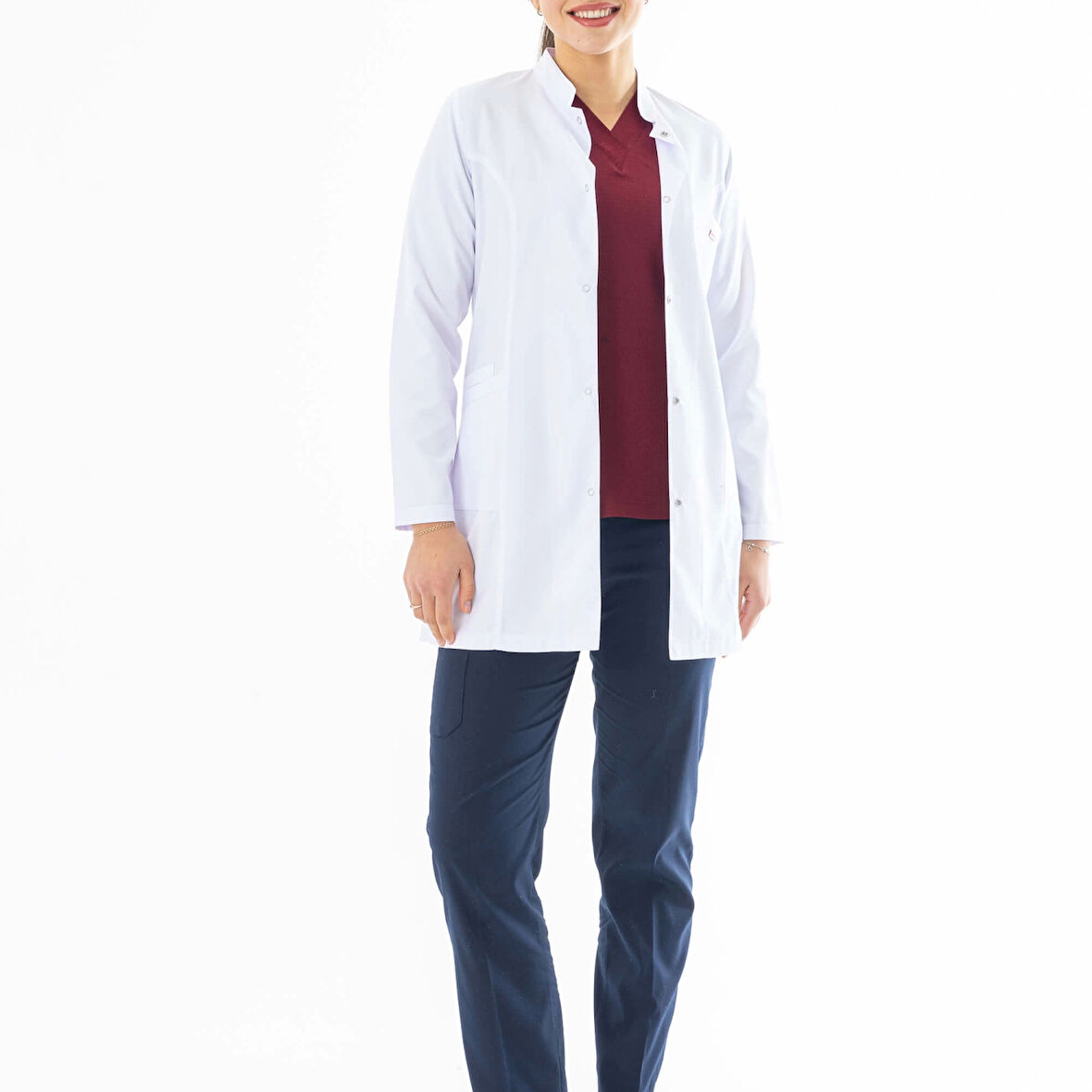 Hakim Yaka Orta Boy Kadın Doktor Önlüğü Alpaka Kumaş Beyaz (BKO002)