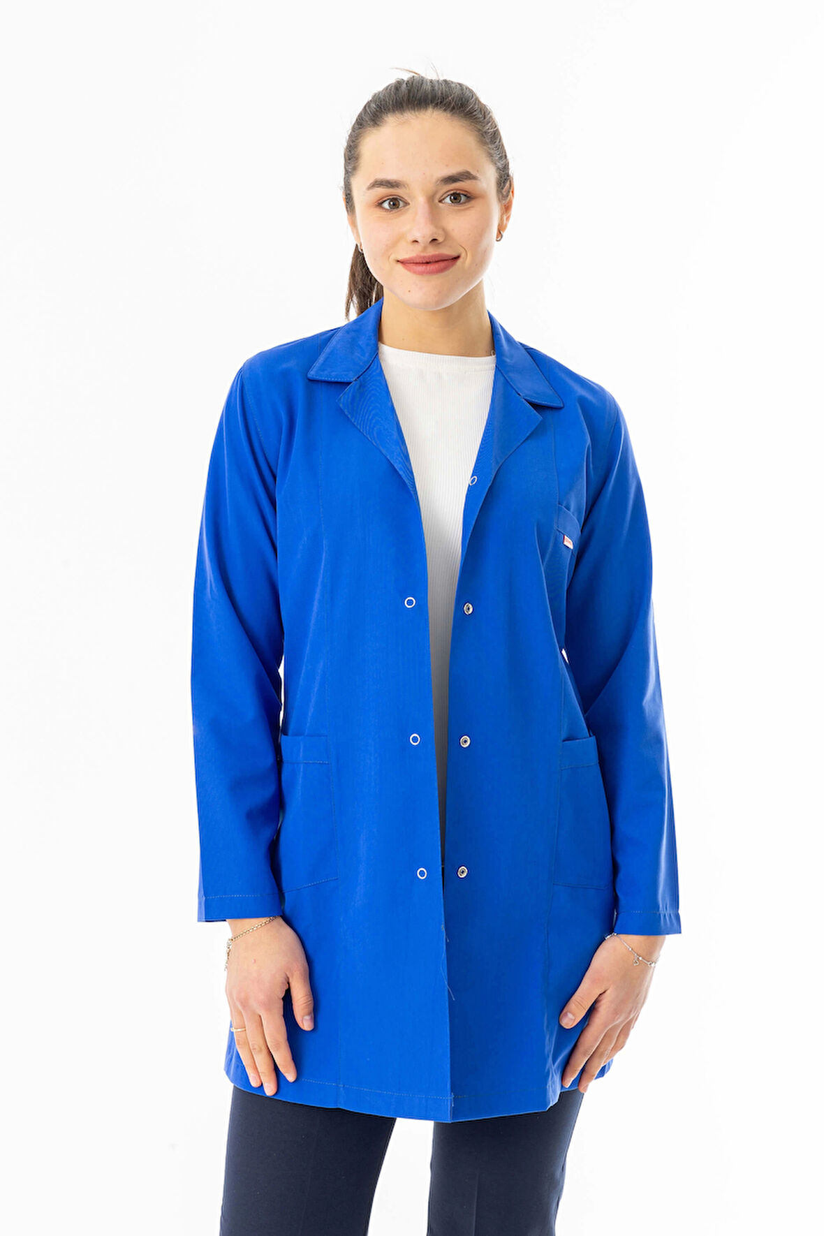 Spor Yaka Uzun Kol Personel Önlüğü Alpaka Kumaş  Saks Mavisi (RNK108)