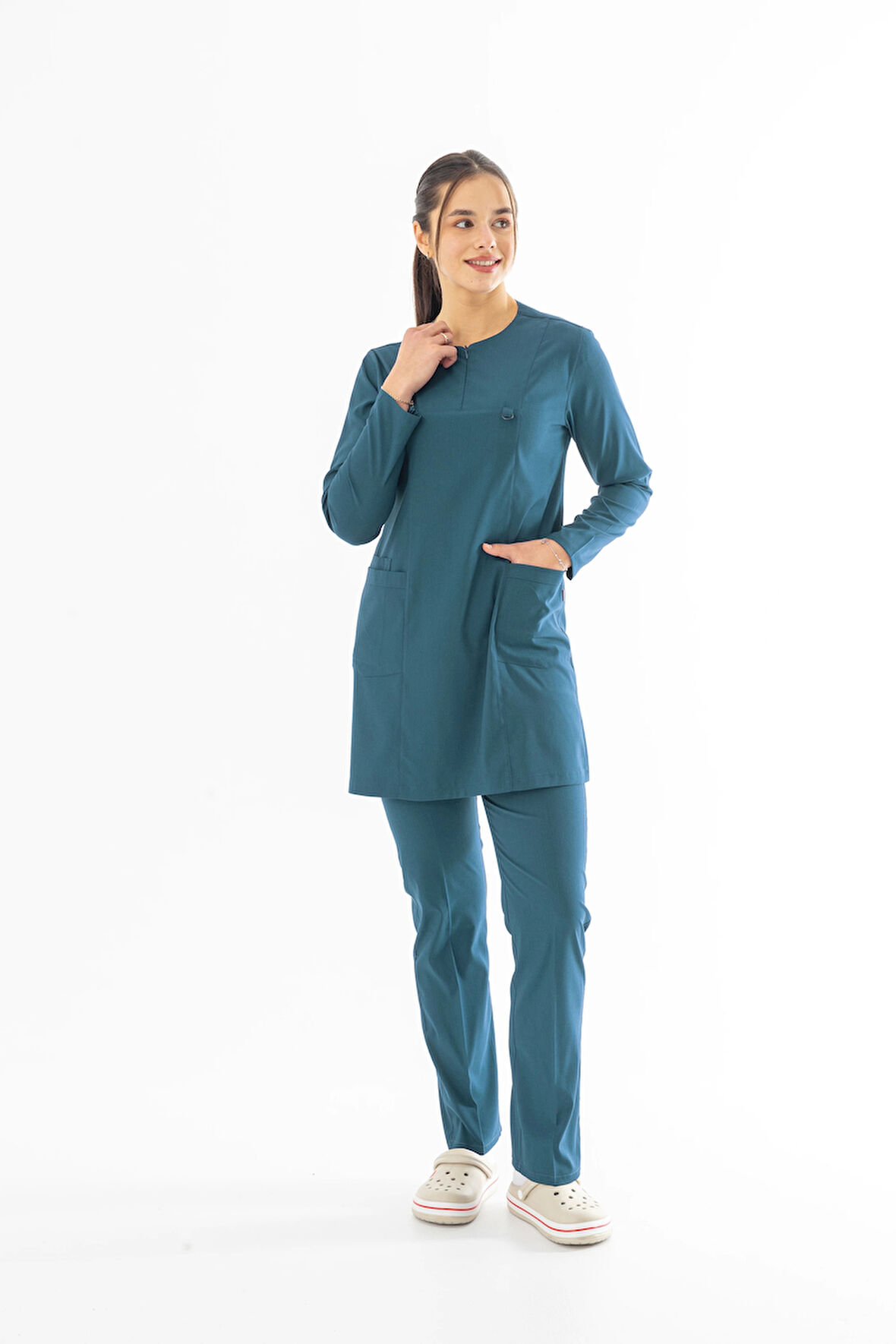 Likra Uzun Kol Doktor Hemşire Forması Alt Üst Takım Petrol Yeşili (LTST20021)