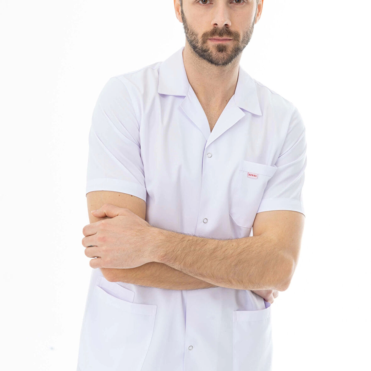 Spor Yaka Kısa Kol Erkek Doktor Önlüğü Alpaka Kumaş Beyaz (BEO106)