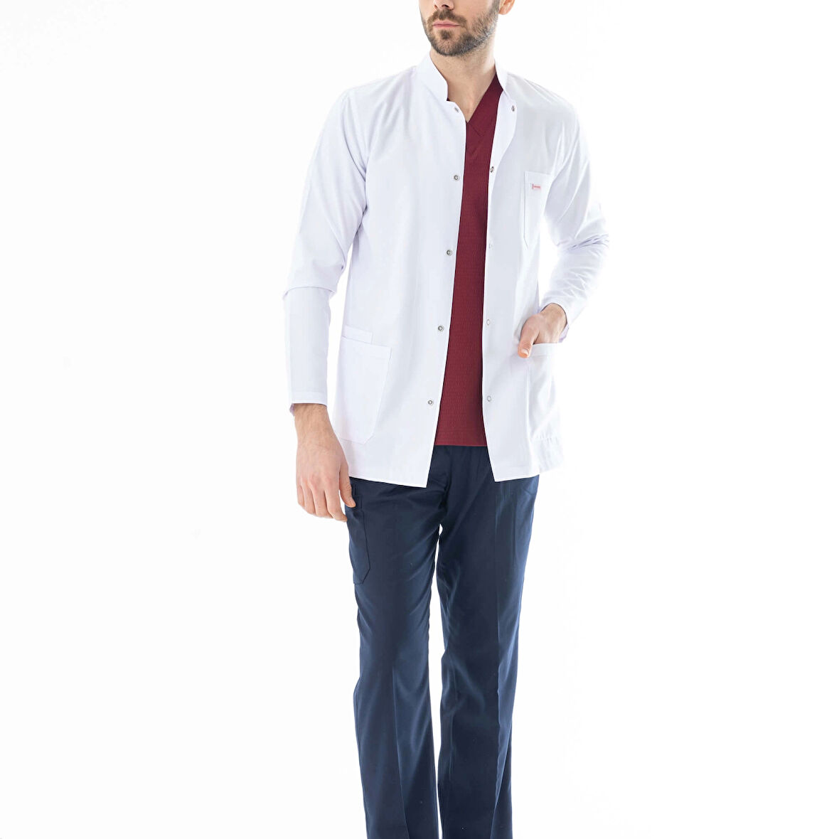 Hakim Yaka Uzun Boy Erkek Doktor Önlüğü Alpaka Kumaş Beyaz (BEO103)
