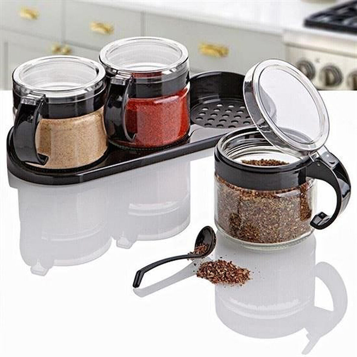 Meleners® Siyah 3lü Standlı Kapaklı Kaşıklı Cam Hava Sızdırmaz Baharatlık Takımı KC-386