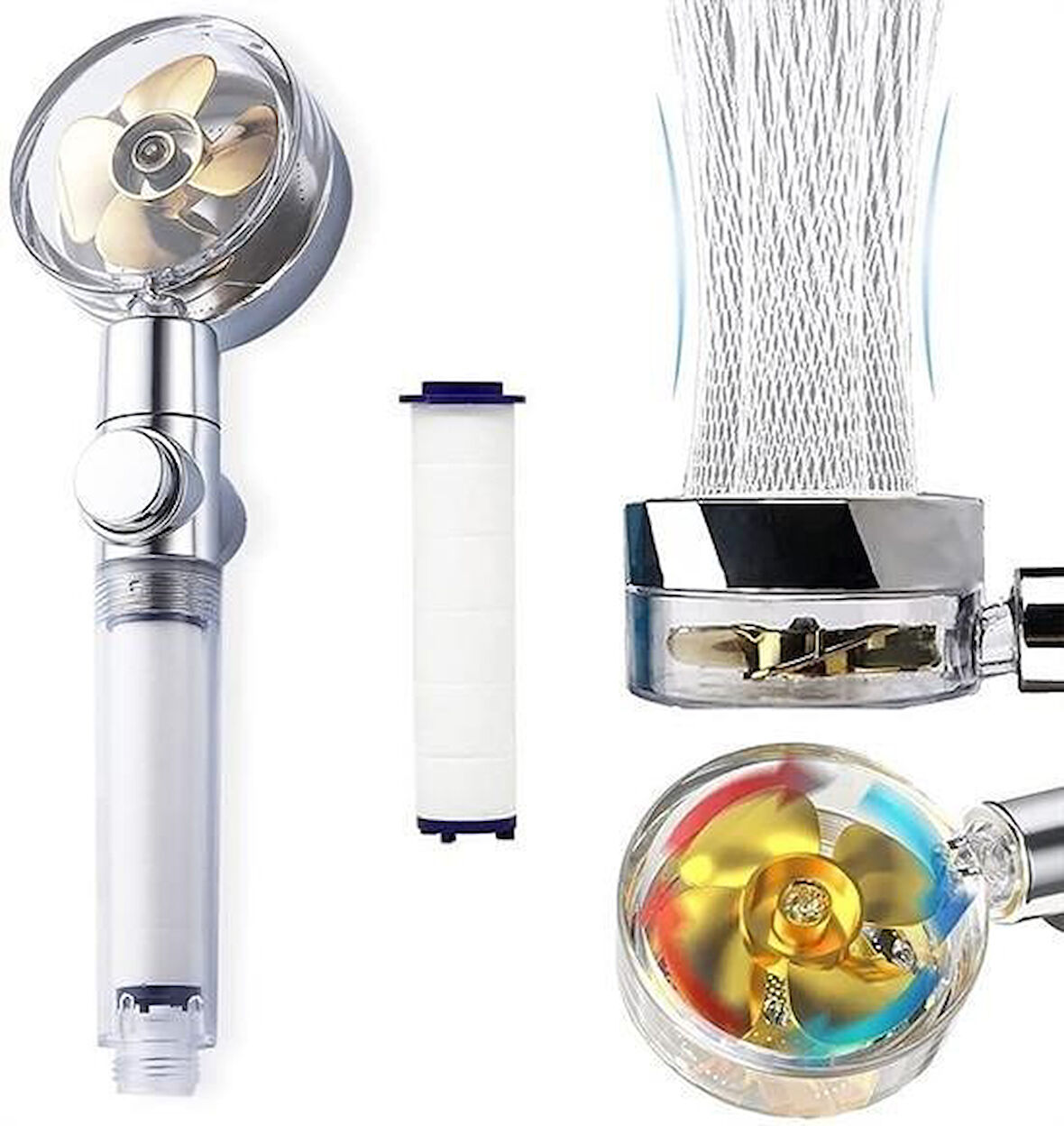 Meleners® Turbo Pervaneli ve Filtreli Su Tasarruflu 360 Derece Dönebilen Tazyikli Duş Başlığı