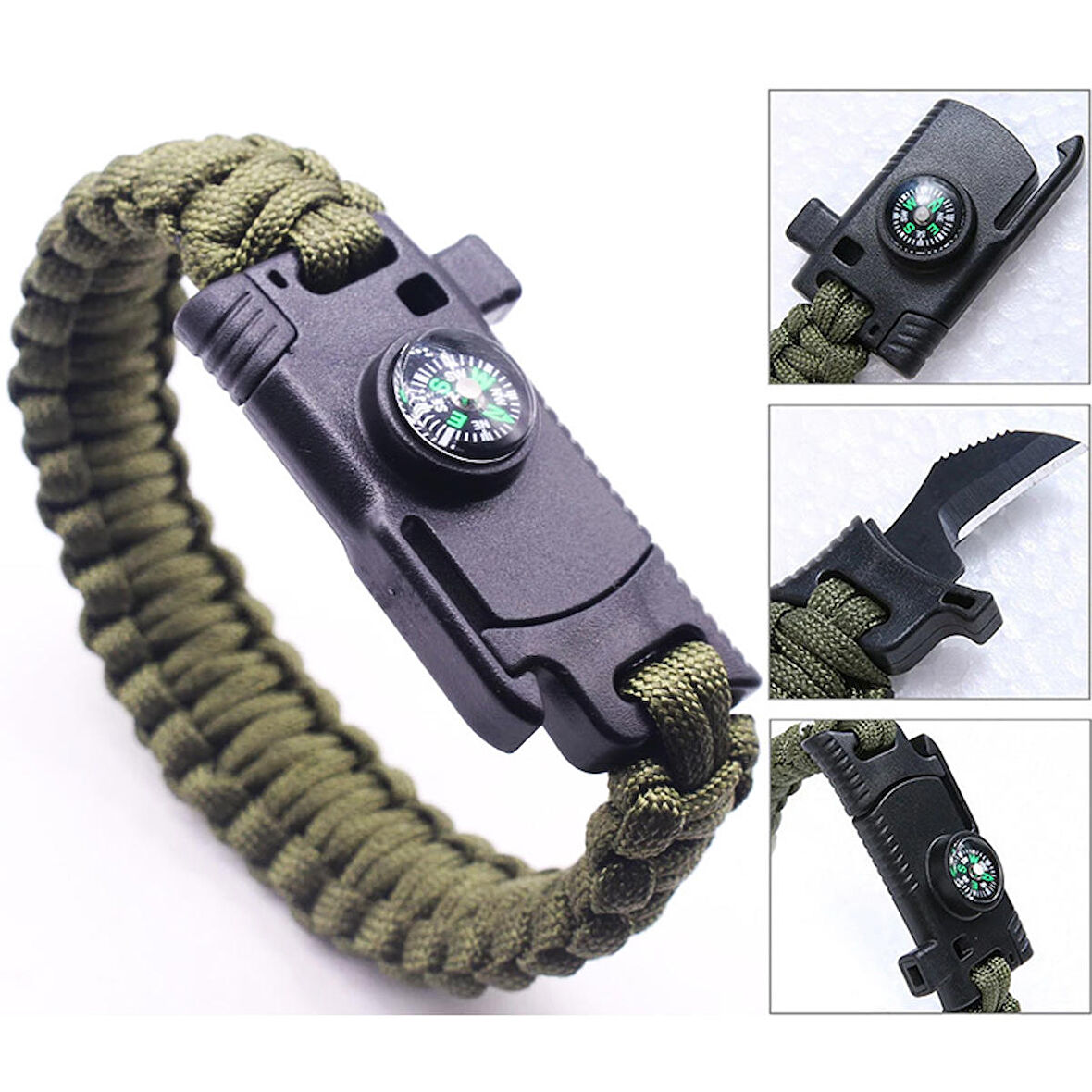 Outdoor Kampçılık 9595 Pusulalı & Bıçaklı Paracord Bileklik Haki