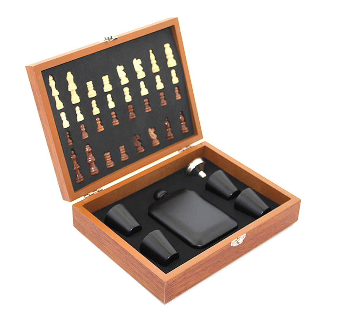 Ahşap Kutulu Satrançlı Matara Seti 6 oz 