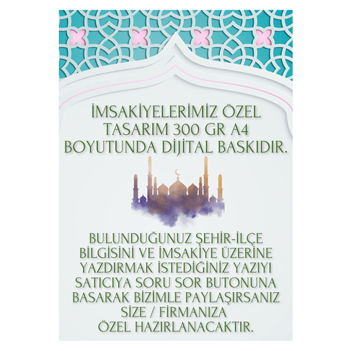 Ramazan İmsakiyesi Modern Kişiye Özel Tasarımlı Dijital Baskı 500 Adet A4 300 gr Model 1