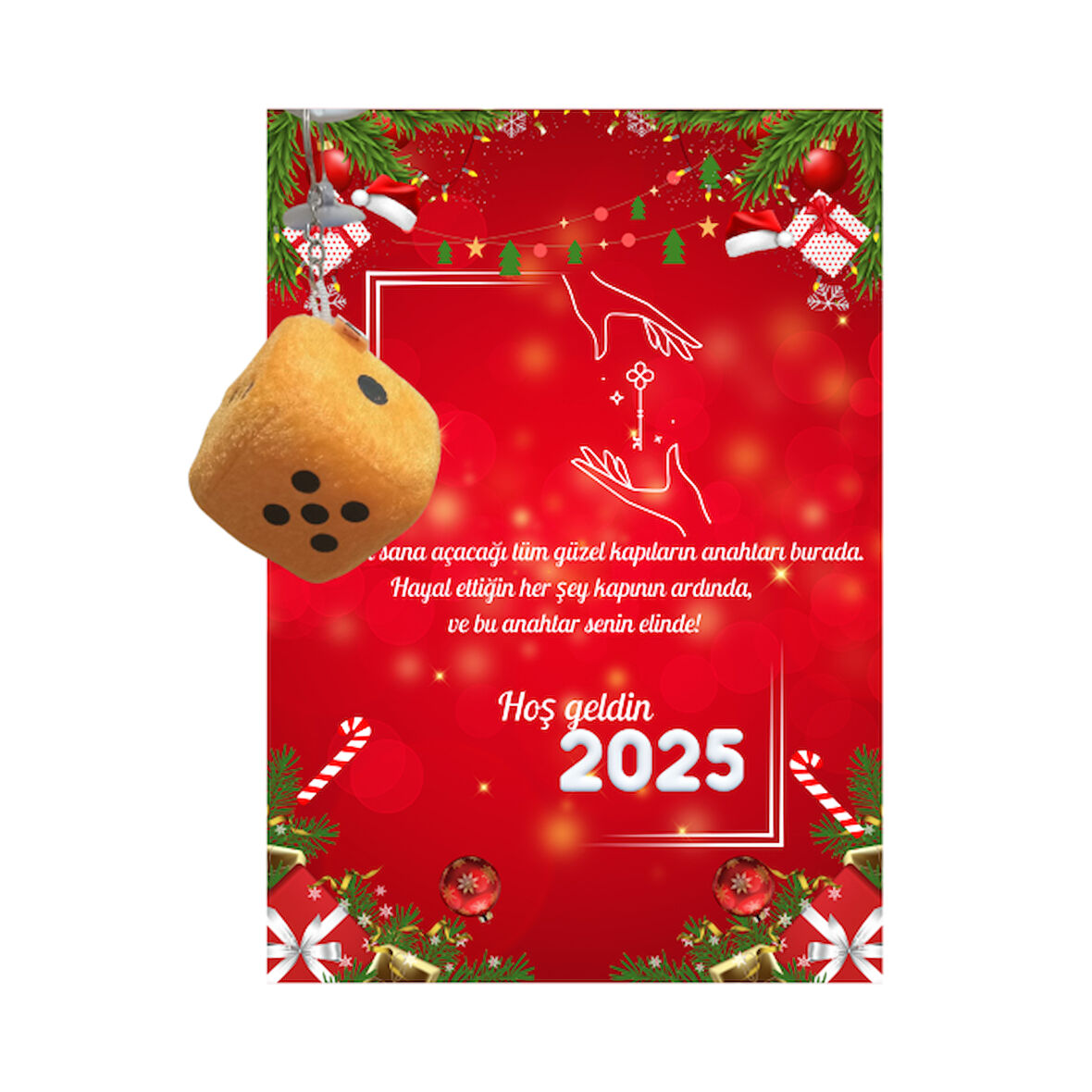 Yeni Yıl 2025 Kart Üzerinde Anahtarlık (Kişiye Özel Yazı Yazdırılabilir) Zar Model 5 Adet