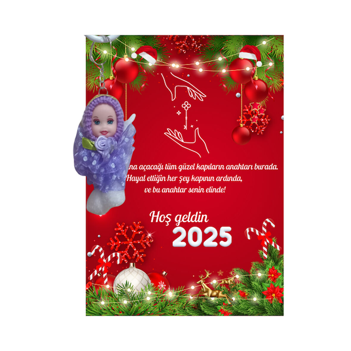 Yeni Yıl Geyik Kart Üzerinde Anahtarlık (Kişiye Özel Yazı Yazdırılabilir) Tütü Bebek 