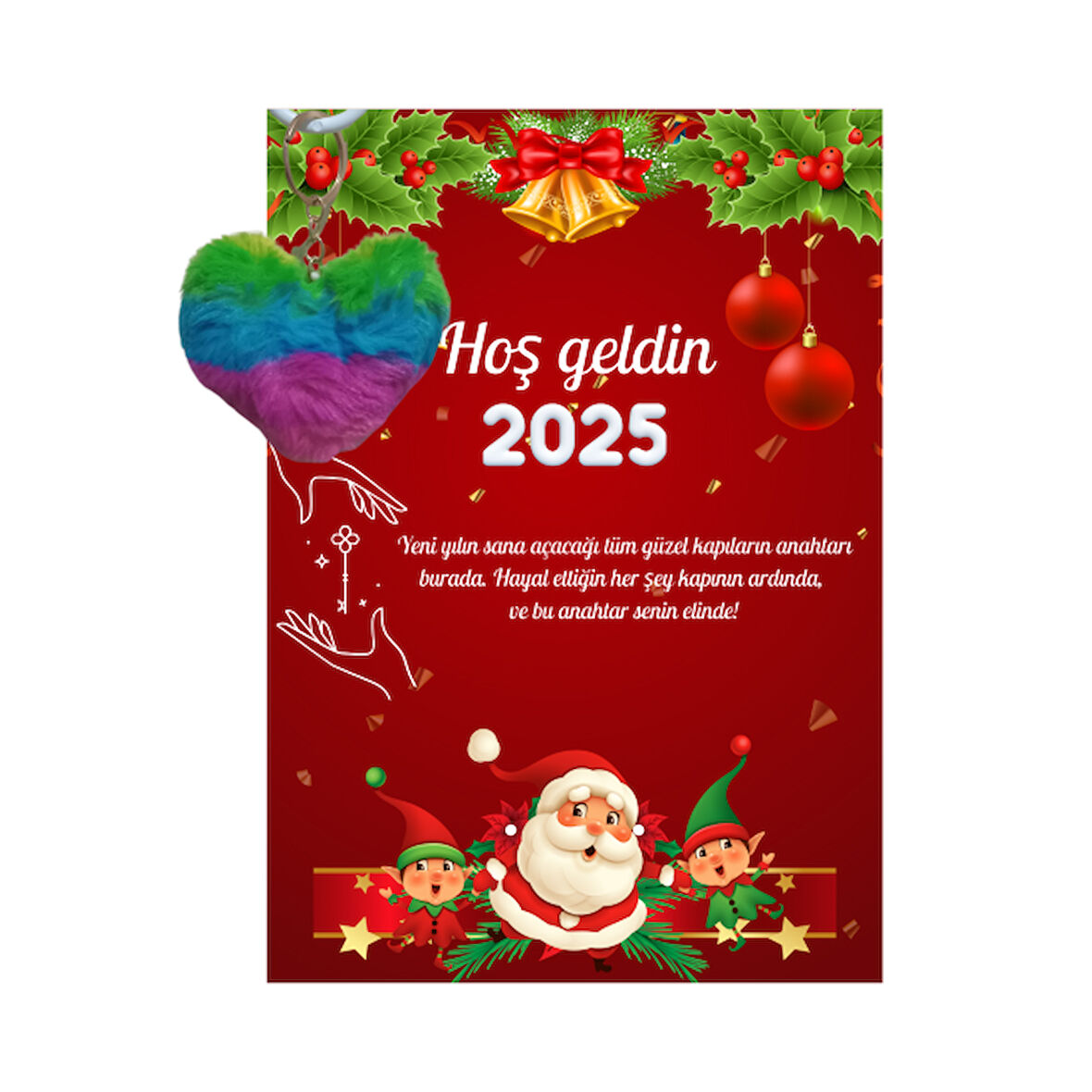 Yeni Yıl Noel Baba Kart Üzerinde Anahtarlık (Kişiye Özel Yazı Yazdırılabilir) Renkli Kalp 5 Adet