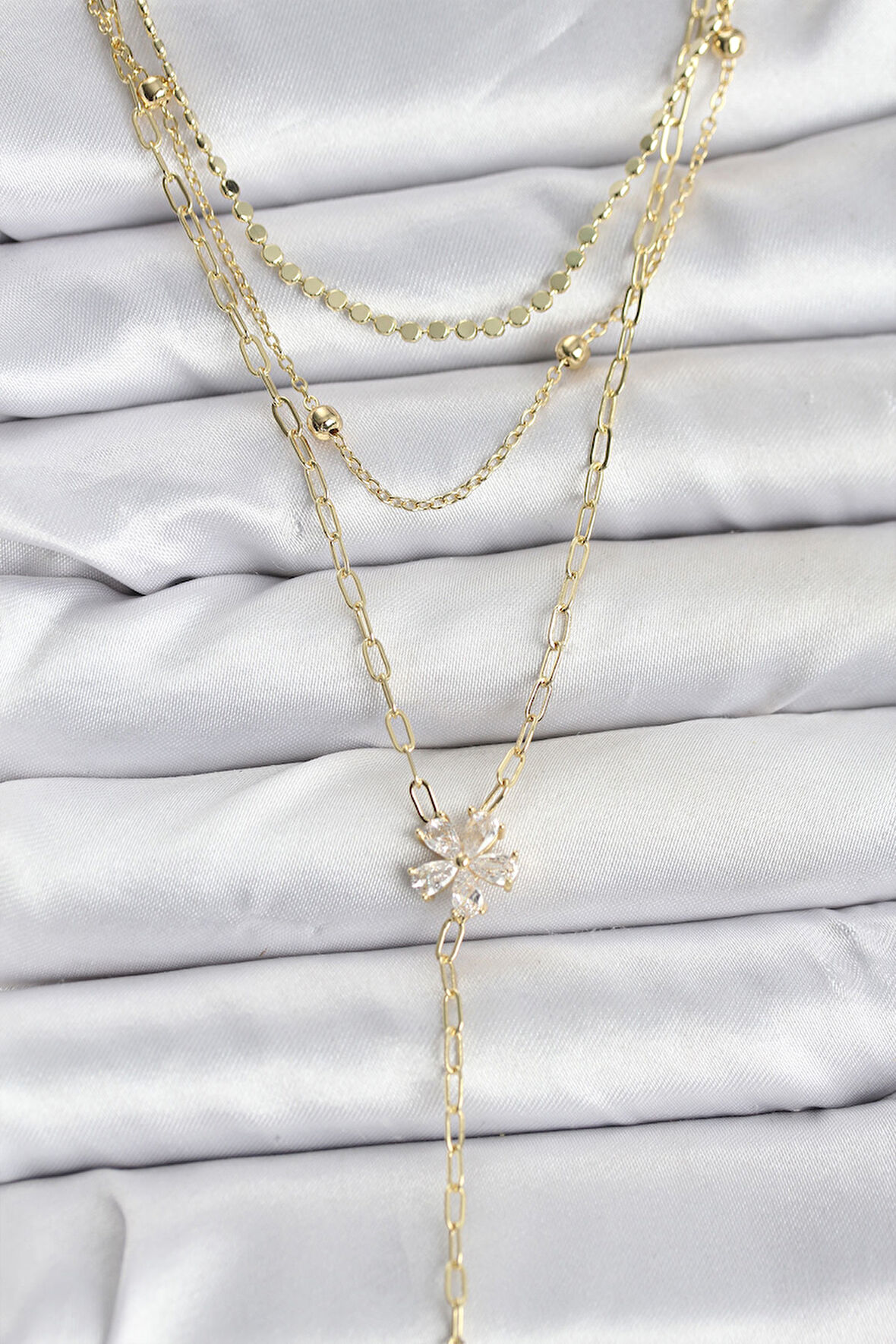 Pirinç Gold Renk Zirkon Taşlı Çiçek Model Detaylı 3'lü Kombin Y Kadın Kolye