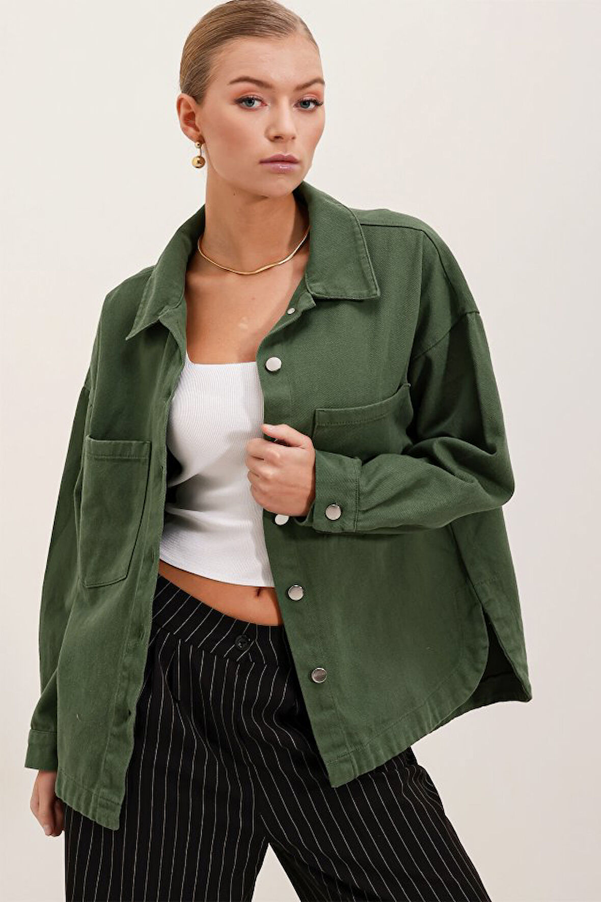 20192 Oversize Gabardin Gömlek Ceket - Haki