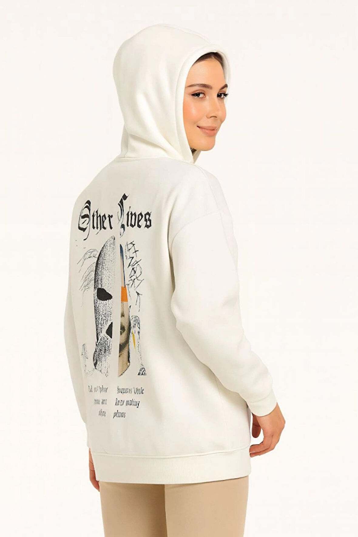 Kapşonlu Sweatshirt – Oversize Üç İplik Şardonlu Hoodie, “Other Lives” Ön - Arka Baskılı, Kanguru Cepli, Kışlık Rahat Günlük Stil - Beyaz