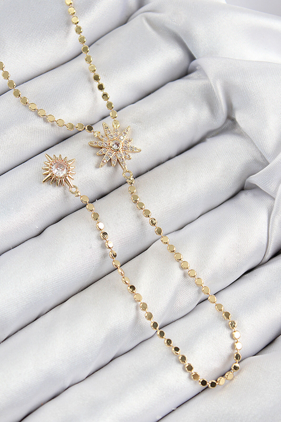 Pirinç Zirkon Taşlı Ezme Zincirli Kutup Yıldızı Model Gold Renk Y Kolye