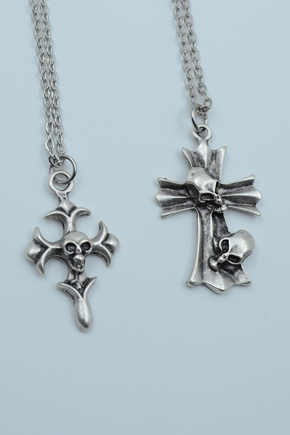 2'li Kuru Kafa Haç Kuru Kafa Gümüş Kaplama Kolye Seti