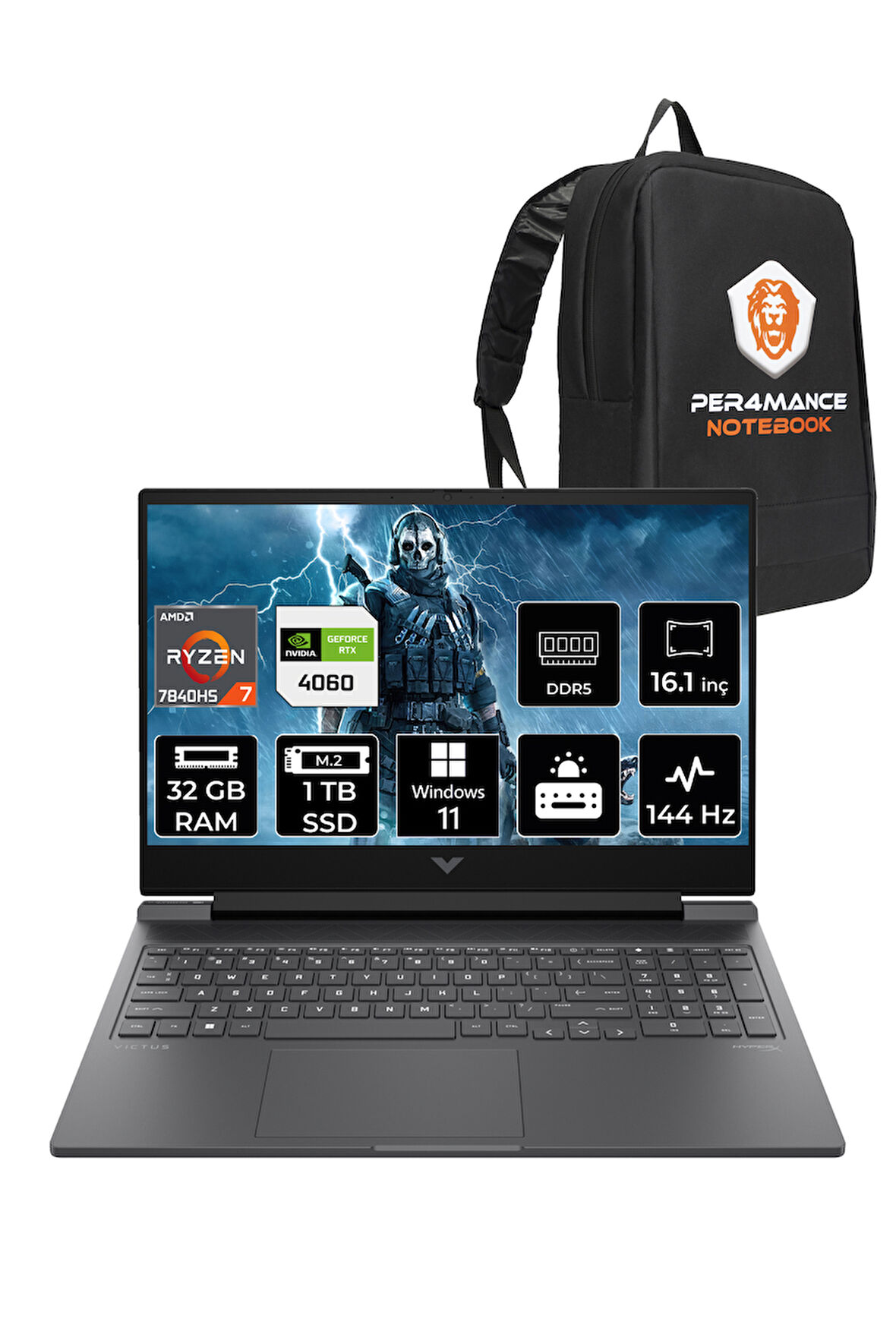 HP Victus 16 R7 7840HS 32GB RAM 1TB SSD RTX4060/8GB 165Hz 16.1'' FHD W11H Gaming Laptop & PER4 ÇANTA