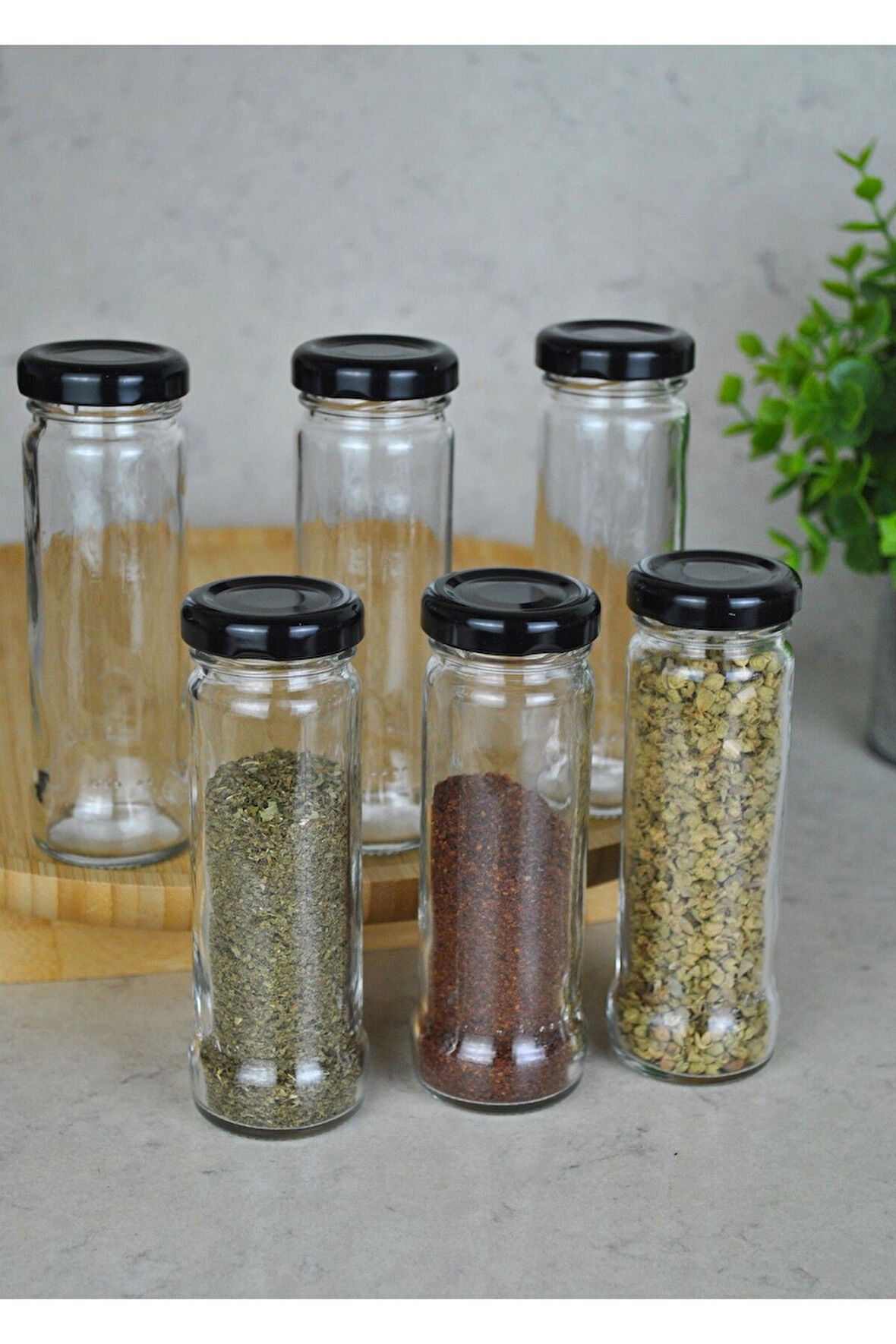 6 Adet 105 ml Metal Siyah Kapaklı 105 Cc Şeffaf Uzun Cam Kavanoz Baharatlık Beslenme Şişe