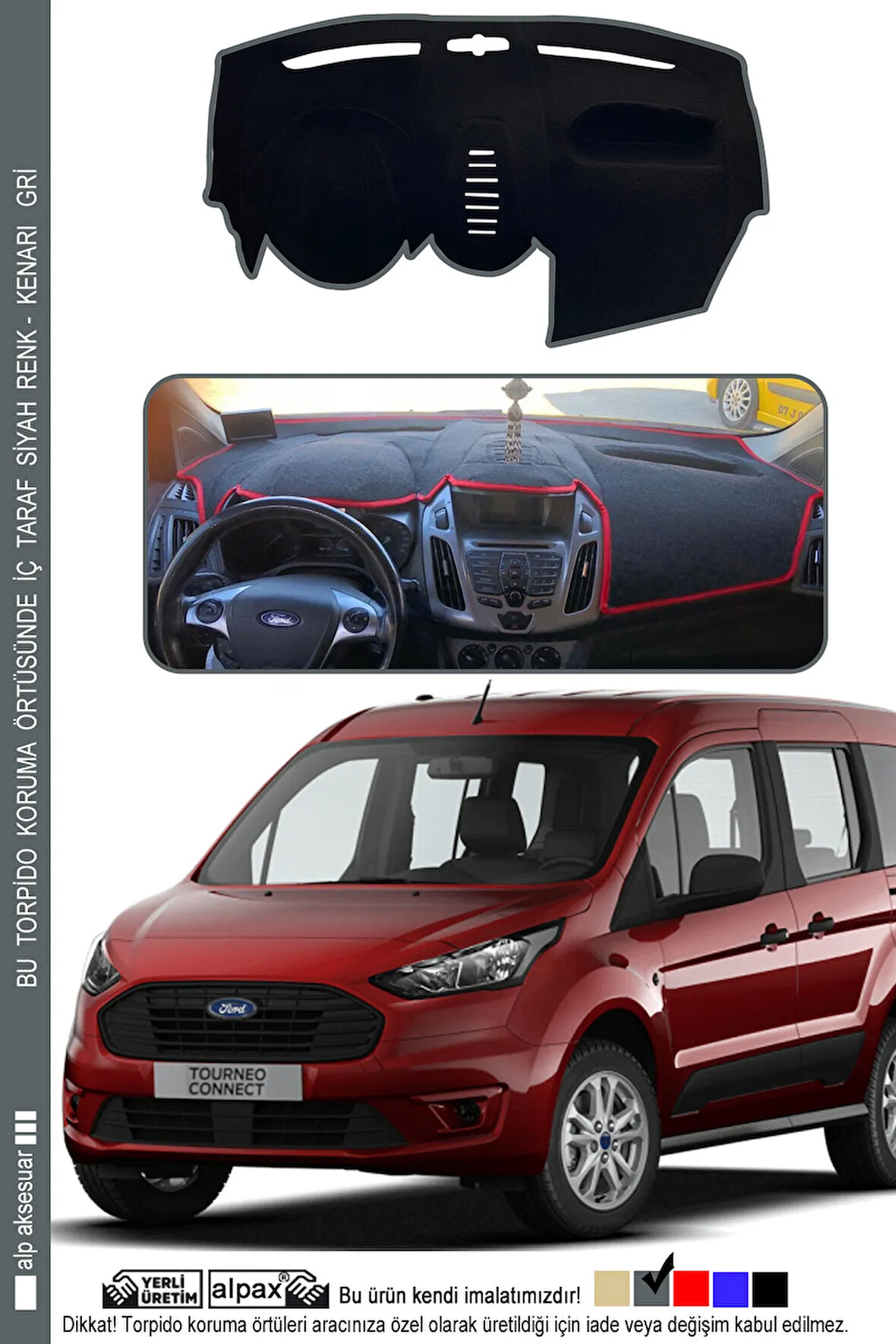 Ford Tourneo Connect 2013-2020 Modele Özel Torpido Koruma Halısı - Kenarı Gri