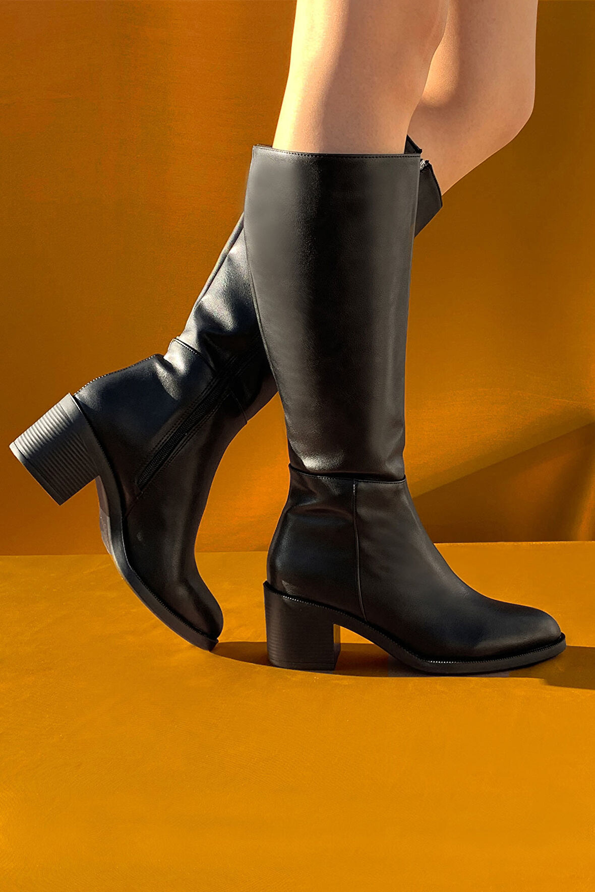 Kalın Topuklu Fermuarlı Diz Altı Uzun Çizme-Siyah-39