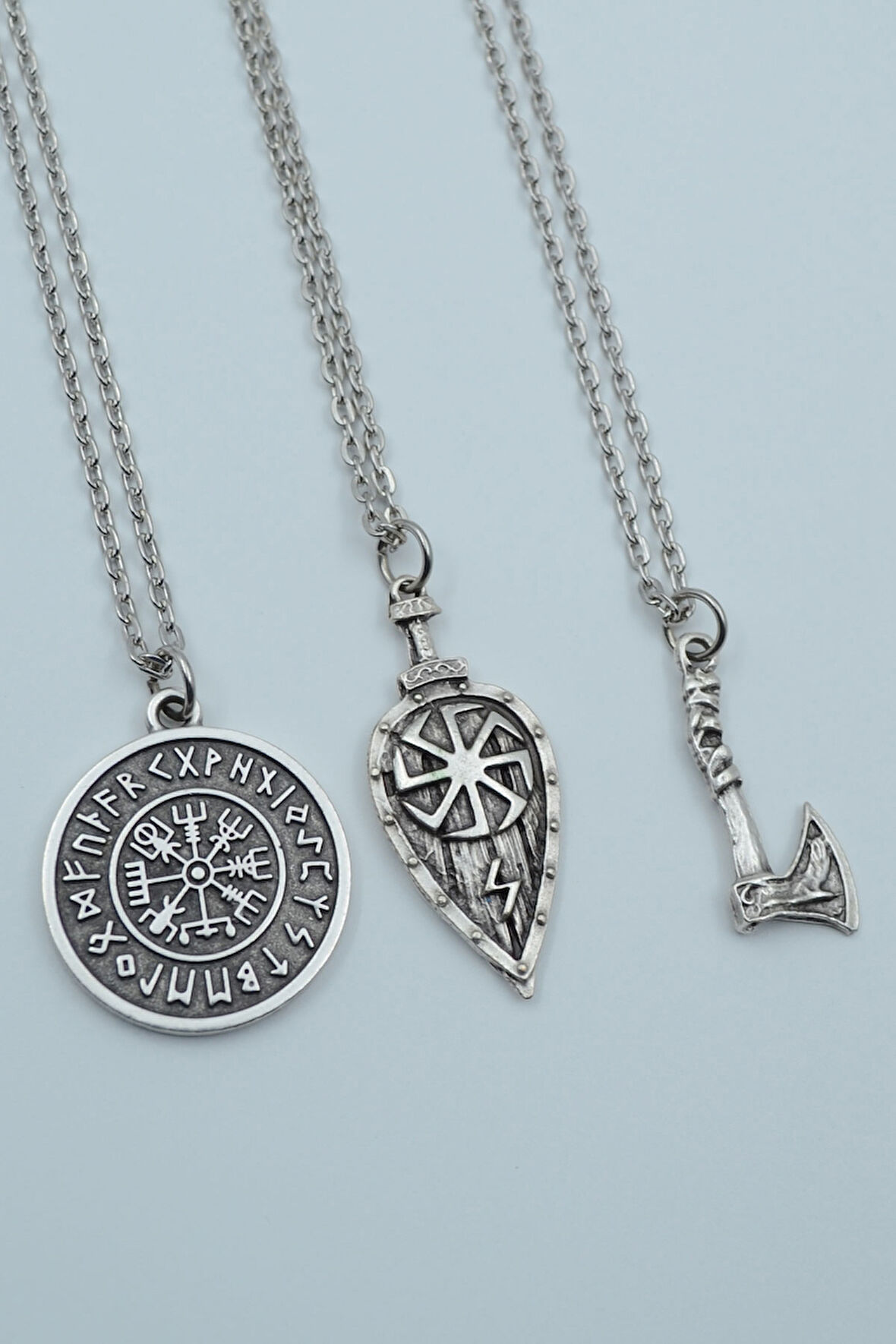 3'lü Viking Pusula Viking Kalkan Balta Gümüş Kaplama Kolye Seti