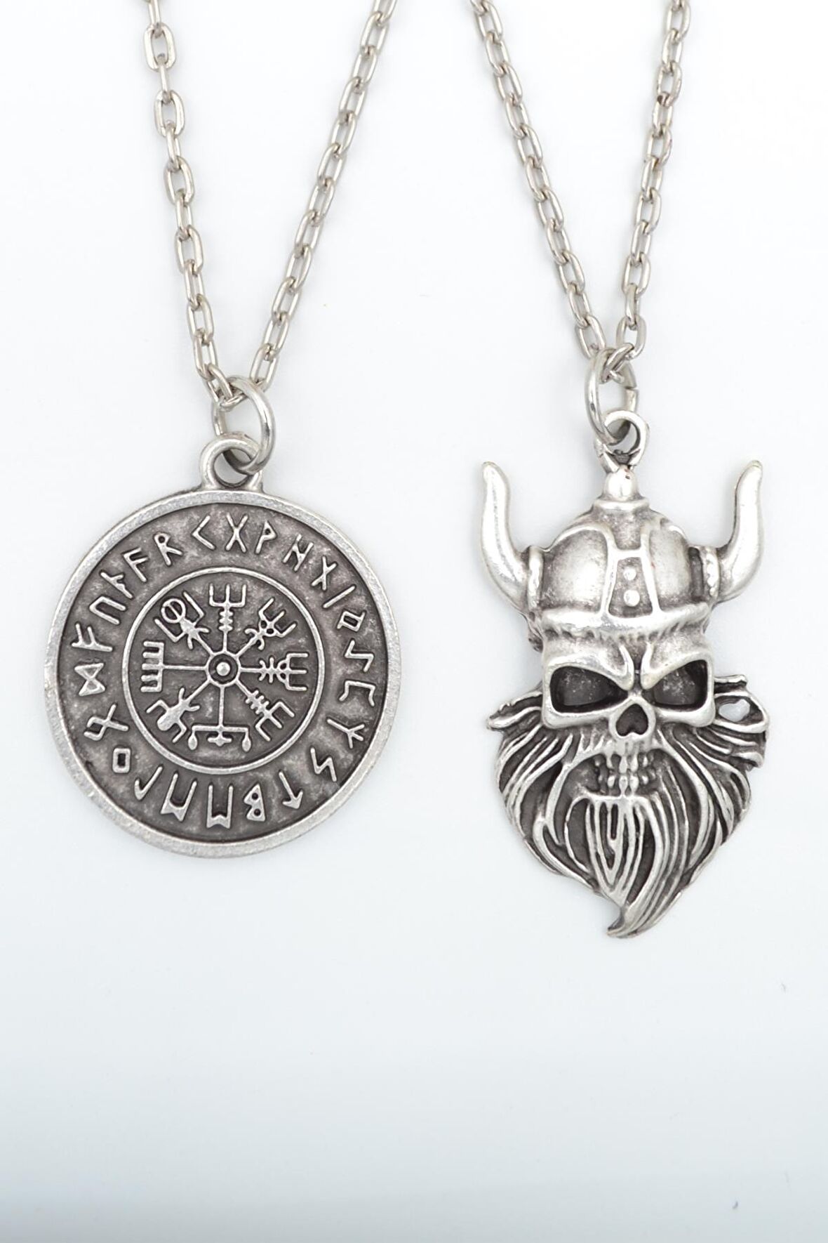 2'li Viking Sakallı Kuru Kafa - Viking Pusula Erkek Kadın Kolye Seti 925 Ayar Gümüş Kaplama