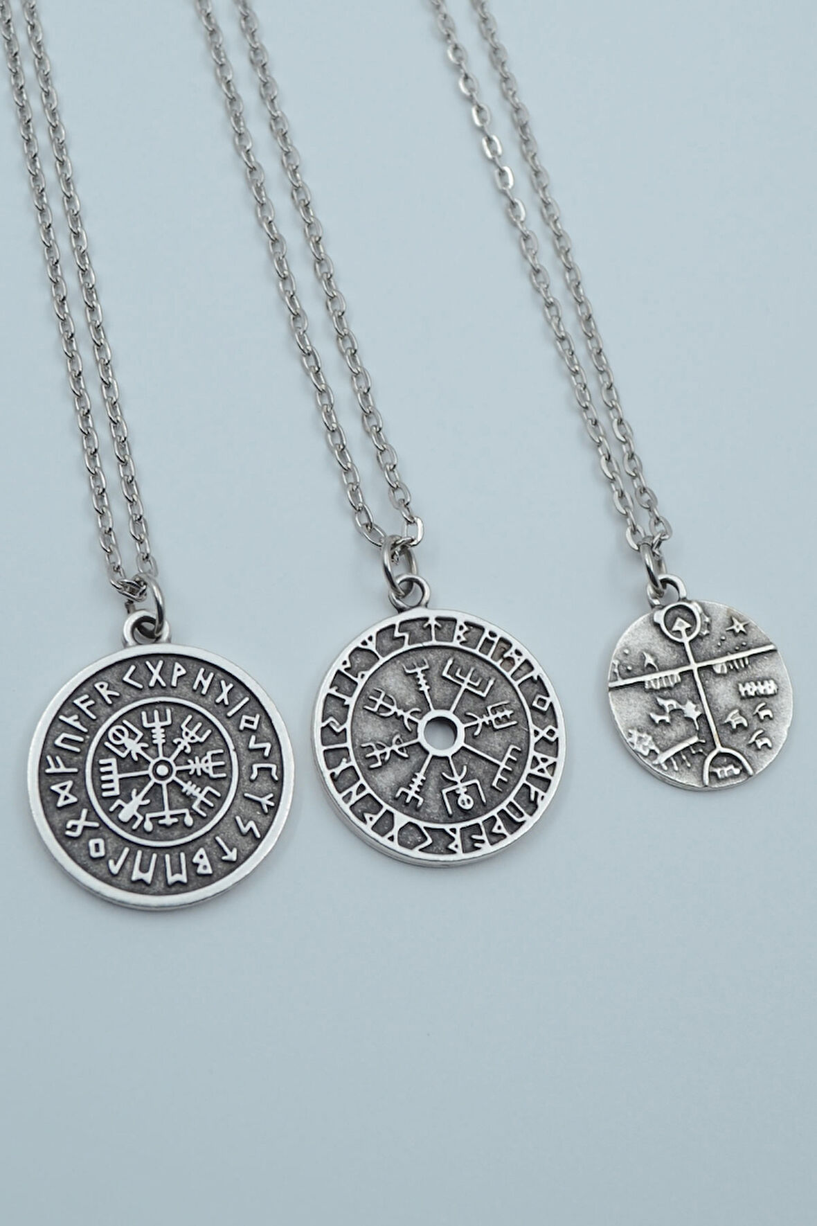 3'lü Viking Pusula Tılsım Şaman Davulu - Kam Davulu Gümüş Kaplama Kolye Seti