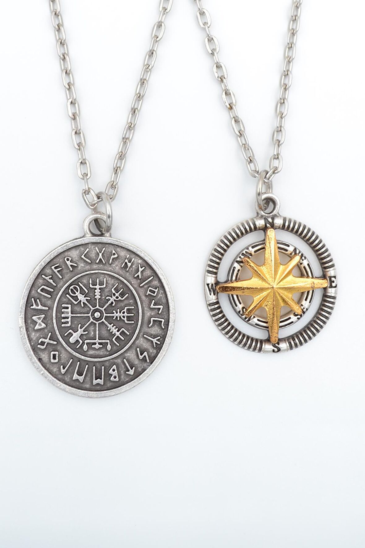 2'li Pusula Kutup Yıldızlı - Viking Pusula Erkek Kadın Kolye Seti 925 Ayar Gümüş Kaplama