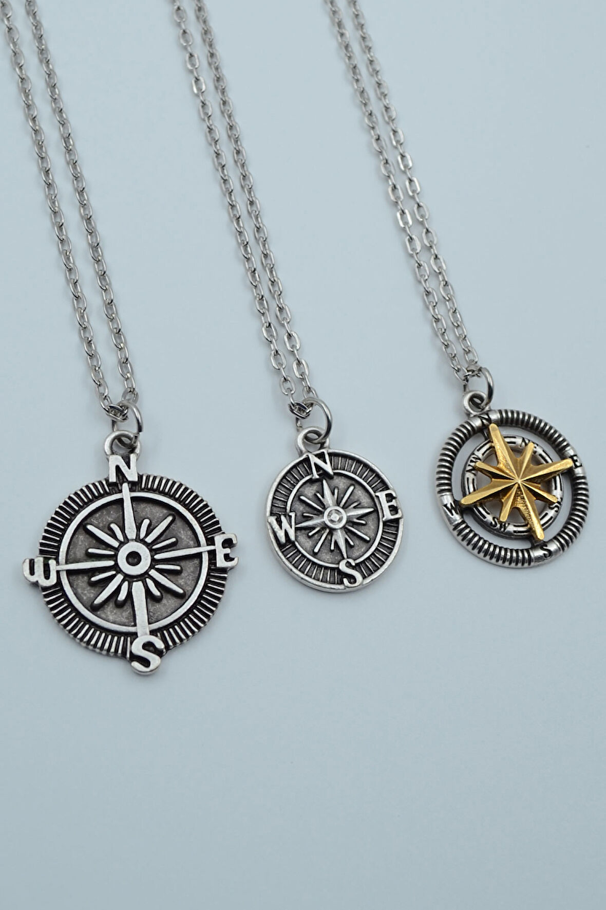 3'lü Pusula Minimal Pusula Kutup Yıldızlı Pusula Gümüş Kaplama Kolye Seti