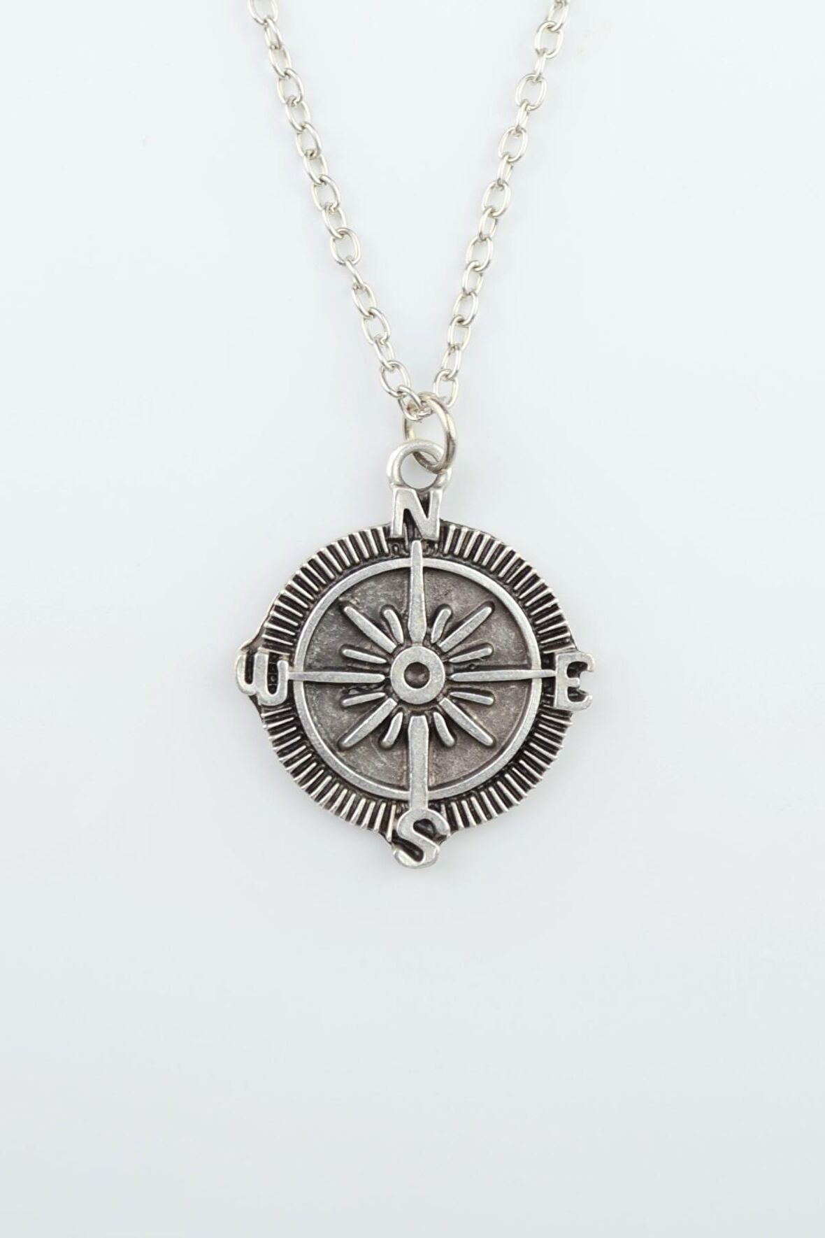 Pusula Erkek Kadın Kolye Antik Gümüş Kaplama - 60 cm Düz Zincir