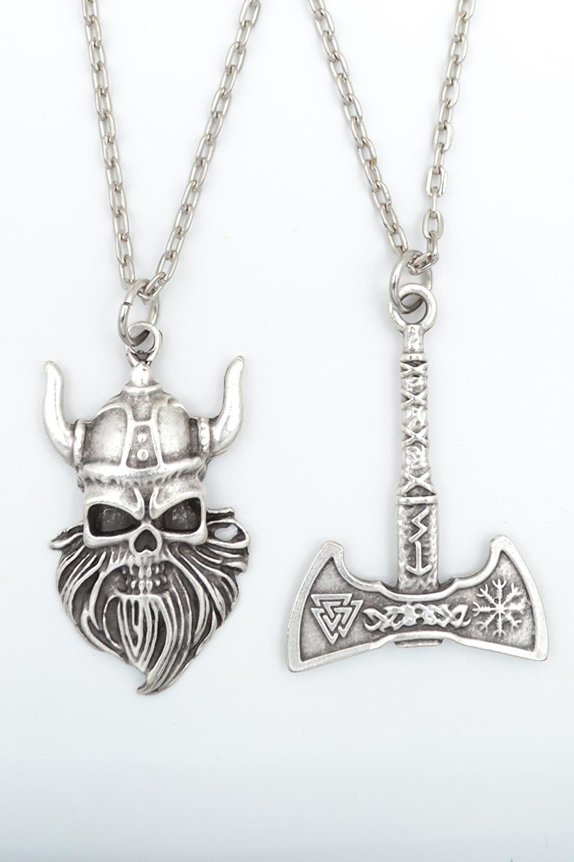 2'li Viking Sakallı Kuru Kafa - Balta Erkek Kadın Kolye Seti 925 Ayar Gümüş Kaplama