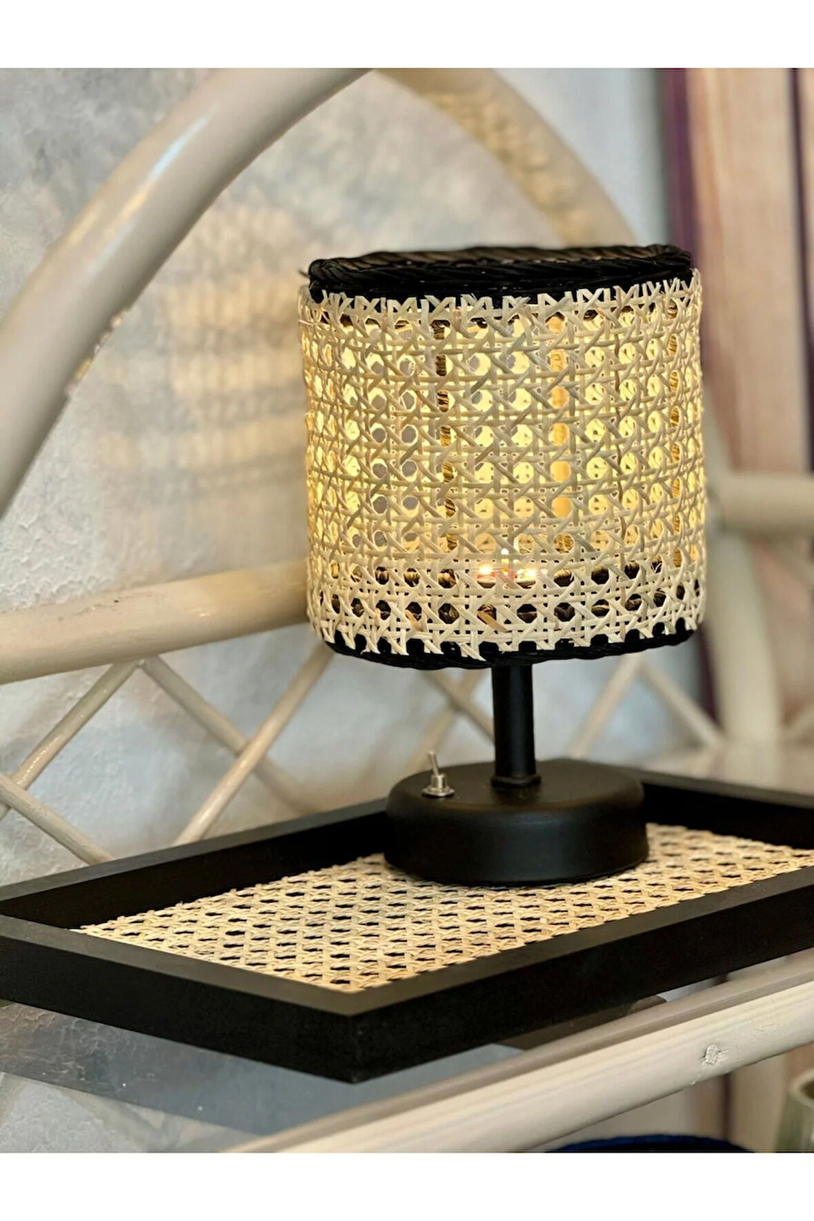 2'li Set Hazeran & Rattan Kablosuz Masa Lambası Siyah & Hazeran Tepsi Siyah Dikdörtgen