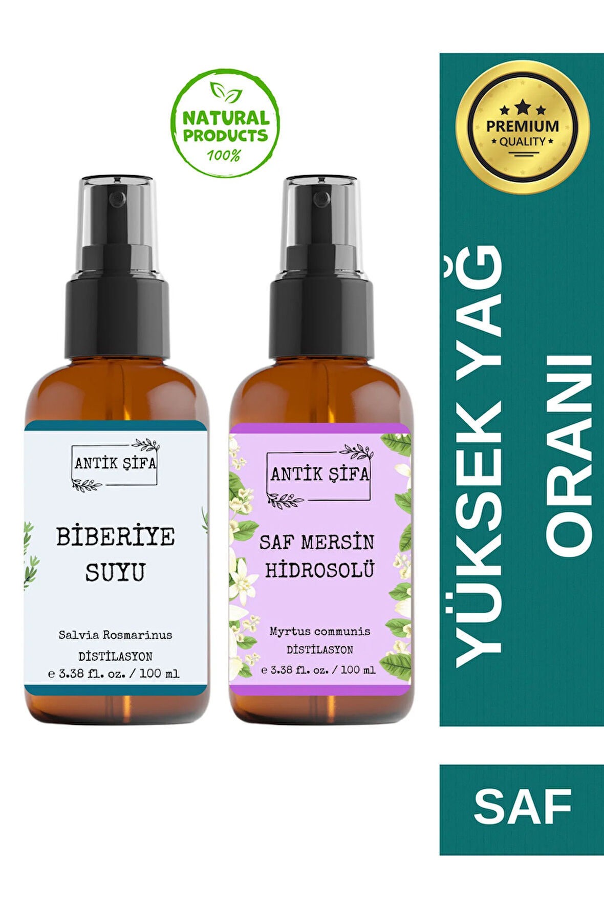Biberiye Suyu Ve Mersin Suyu Seti - Yenilen Hidrosol Seti (2X100ML) %100 Seyreltilmemiş, Doğal