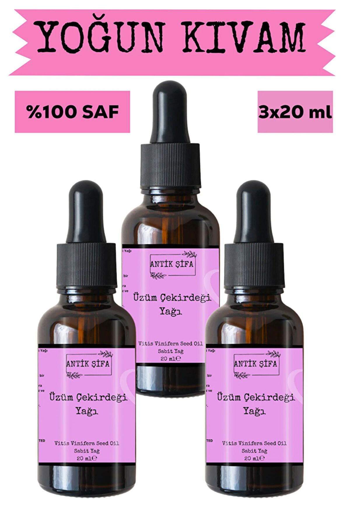 Üzüm Çekirdeği Yağı (3 X 20 ML)-%100 Seyreltilmemiş, Doğal Soğuk Sıkım Sabit Yağ